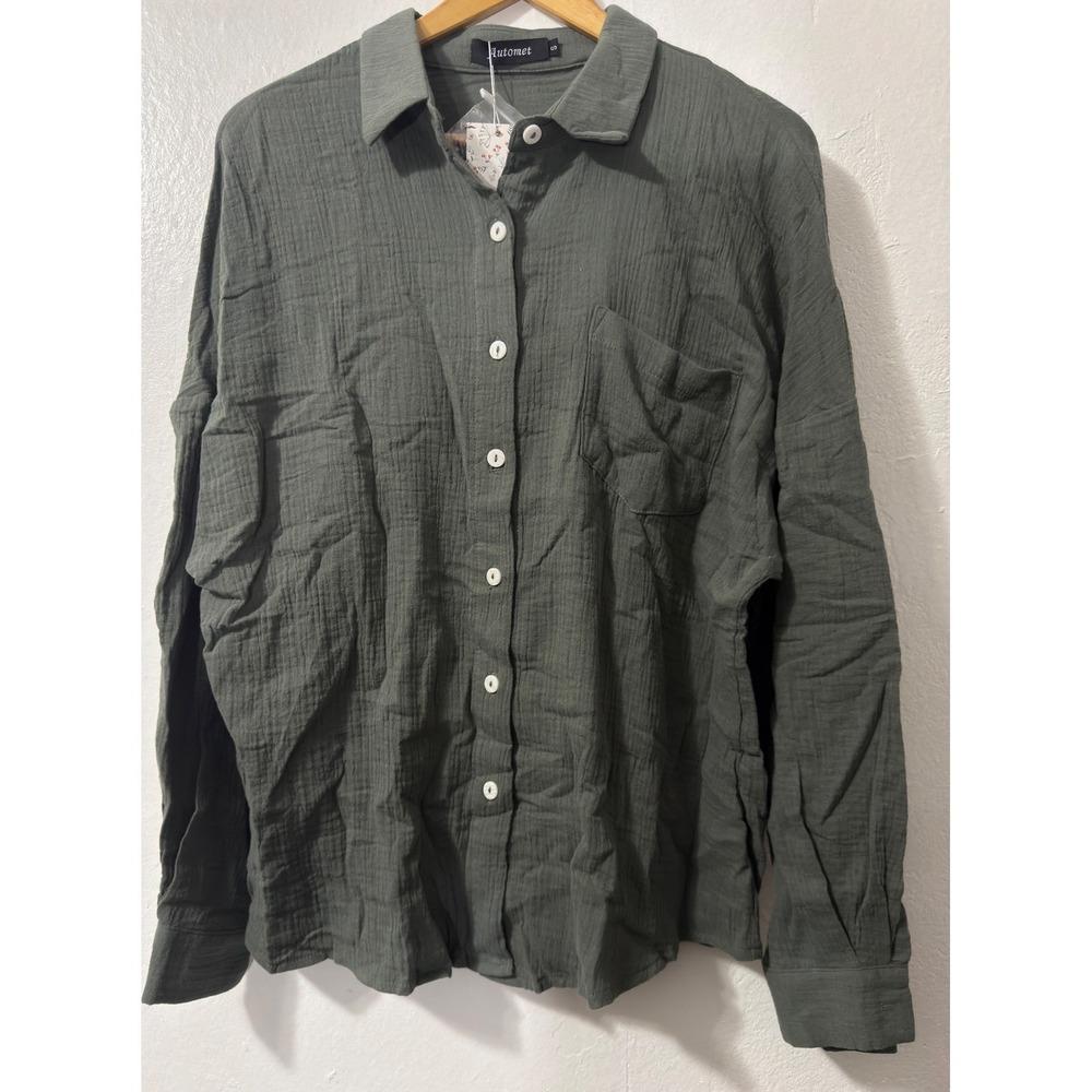 Automet Women's Olive Green Rayon Long Sleeve Button Down Shirt Small‎